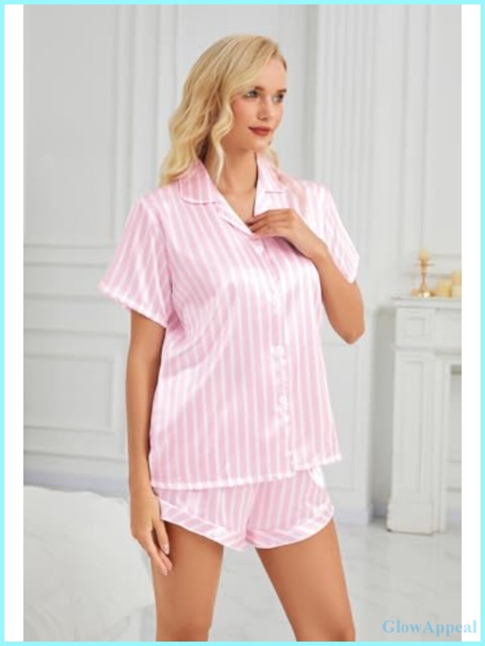 Women's Striped Satin Pajama Set Drawstring Ruffled Shorts Notch Neck - Picture 3 of 5